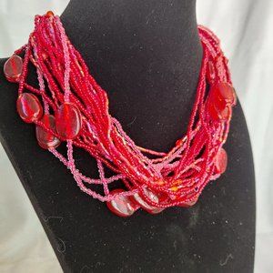 Red, multi-strand chocker necklace, glass beads, varied bead sizes, vintage